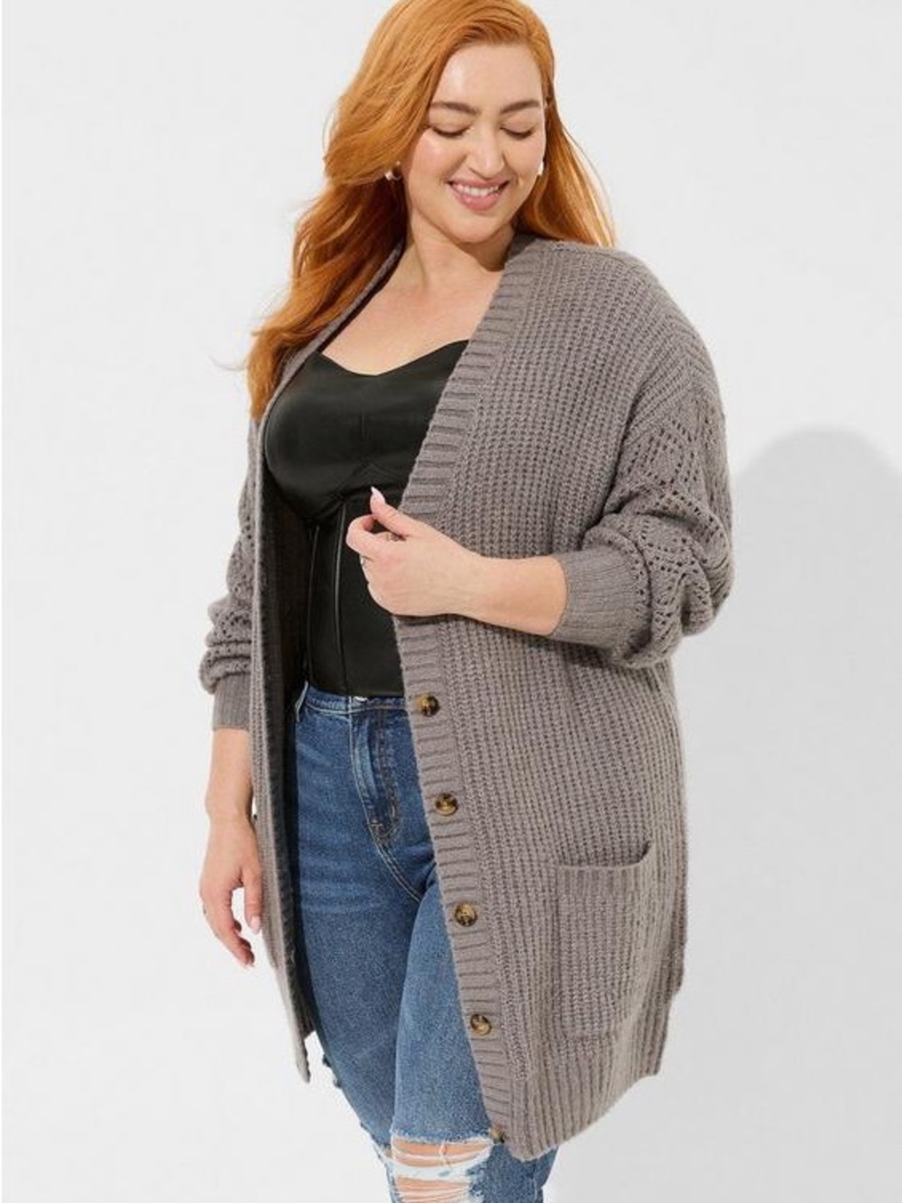 Torrid Boyfriend Cardigan Pointelle Sleeve Sweater Womens 1 14 16 1X Grey Long - Picture 3 of 10